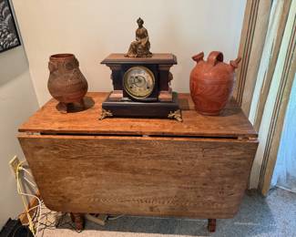Antique Drop Leaf Table / Antique Clock / Antique Metal Figurine / Various Pottery Items