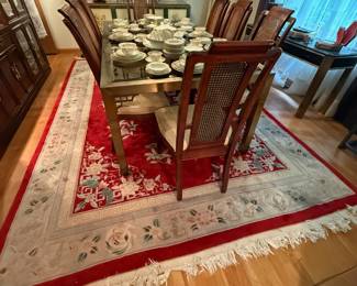 Steel Framed Dining Table with Glass Top includes 1 Leaf / Area Rug / Drexel Heritage Dining Chairs