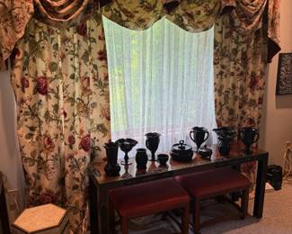 Asian Console Table with 2 Benches on wheels / Vintage Black Glass Collection / Custom Draperies / Marble Storage Pedestal