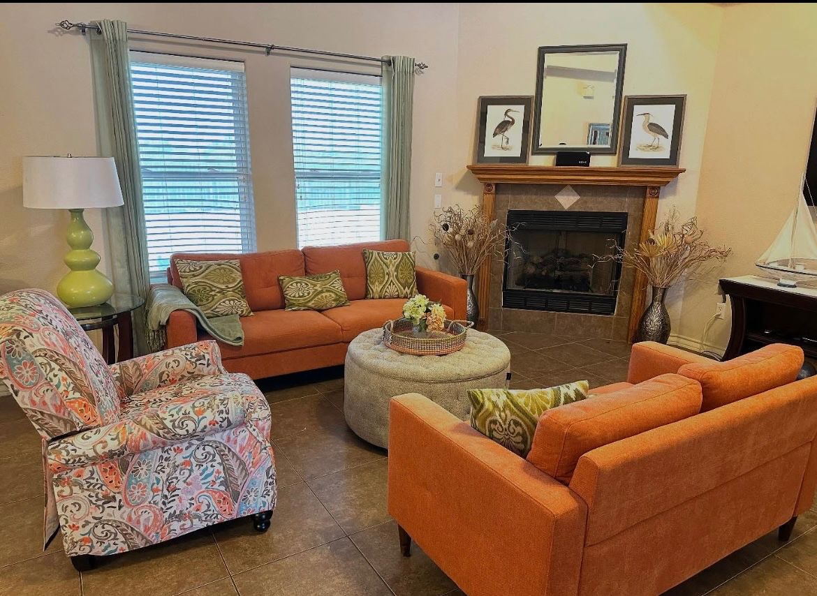 Orange linen sofa and love seat MCM style, push back recliner, tufted ottoman