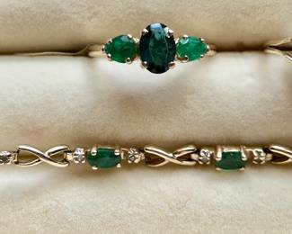 Sapphire & Emerald gold ring and 10k emerald and diamond bracelet