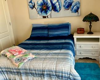 full size bed ( still available), white side table with drawers