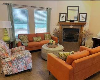 Orange linen sofa and love seat MCM style, push back recliner, tufted ottoman
