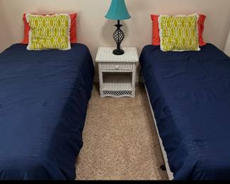 twin beds and cute wicker night stand (twin beds available and half off!)