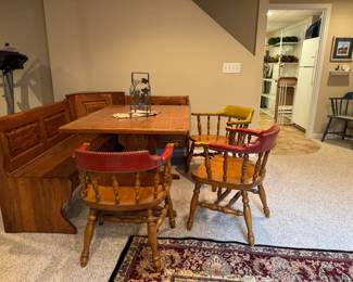Table itself is 4' x 2'11" x 30.5" tall. Long bench without corner piece is 4' x 20.5" deep x 32.5" tall from floor to top of back seat. Short bench without corner piece is 32" long x 20.5" deep x 32.5" tall from floor to top of back seat. Both bench's seats open up for storage! Corner bench piece is currently not connected for easy moving (resting on a box for picture), and adds 21" of length to each side. 