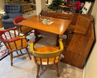 Table itself is 4' x 2'11" x 30.5" tall. Long bench without corner piece is 4' x 20.5" deep x 32.5" tall from floor to top of back seat. Short bench without corner piece is 32" long x 20.5" deep x 32.5" tall from floor to top of back seat. Both bench's seats open up for storage! Corner bench piece is currently not connected for easy moving (resting on a box for picture), and adds 21" of length to each side. 
