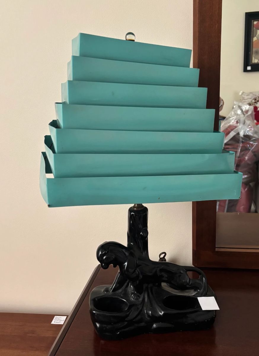 Vintage Table Lamp featuring black clay animal figure