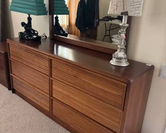 MCM Queen Bedroom Furniture - Bedframe, mattress, dresser and storage cabinet with mirror