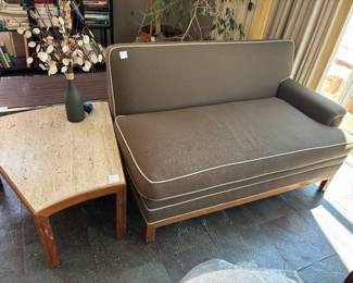 Travertine / Walnut Side Tables (3) can be sold separately - (2) One arm settee