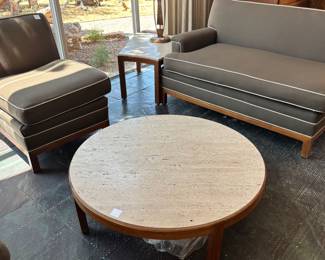Travertine / Walnut Side Tables (3) can be sold separately - (2) One arm settee