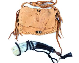Lot 103 Elk Hide Shoulder Bag with Vintage Powder Horn