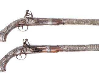 Lot 76 Pair of Lavishly SilverMounted Flintlock Pistols, 18th19th C.