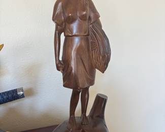 Carved Wood Sculpture of Woman Carrying Wheat