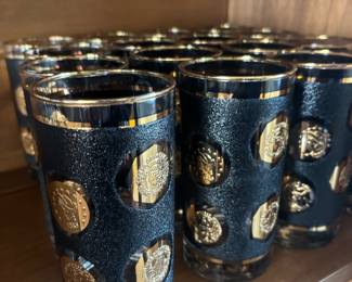 Set of 16 Libbey Textured Black & Gold Coin Highball Glasses