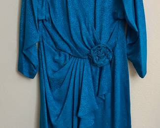 Circa 1980s  Blue Dress with Rose Motif Cinched Waist