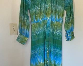 Circa 1970s Green & Blue Long Sleeve Dress
