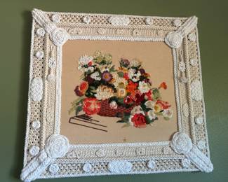 Framed 1970s Floral Crewel Embroidery Art