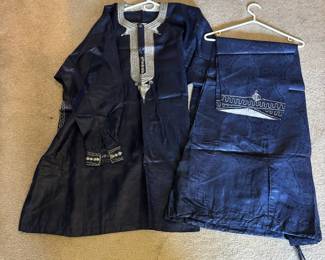 Blue Traditional Tunic Set with Silver Embroidery (Possibly Panjabi or Kurta Style)
