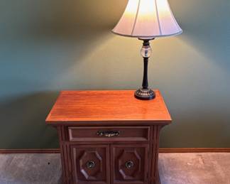 Oak Spanish Mediterranean Style Nightstand, Traditional Metal and Glass Table Lamp with White Fabric Shade