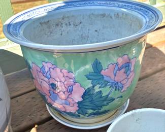 Green & Pink Chinese Floral Porcelain Planter