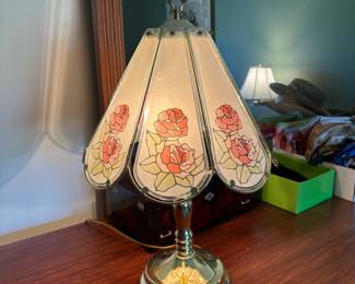 Brass Glass Panel Table Lamp with Rose Design