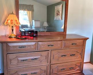 Brass Glass Panel Table Lamp with Rose Design, 7 Drawer Oak Lowboy Dresser with Mirror