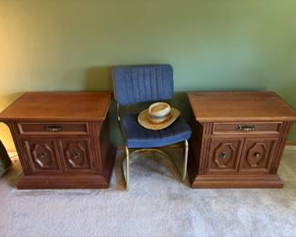 Pair of Oak Spanish Mediterranean Style Nightstand, Fedco Blue Upholstered Cantilever Chair with Brass Base