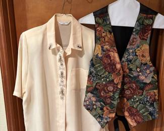 Elegance Cream Sheer Short Sleeve Blouse, Circa 1990s Floral Tapestry Vest