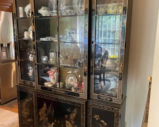 Drexel Chinoiserie Black Lacquered Hand Painted Breakfront China Cabinet