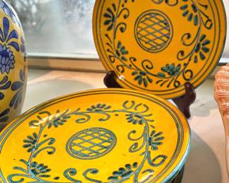 Mid Century Italian Hand Painted Yellow/Blue Bread & Butter Plates
