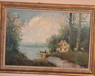 Gold Tone Framed Riverside Cottage Oil Painting Signed Cotitta