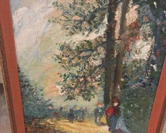 Framed Impressionist Park Scene Oil Painting