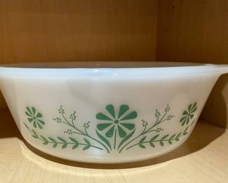 Glasbake Milk Glass Green Daisy Casserole Dish
