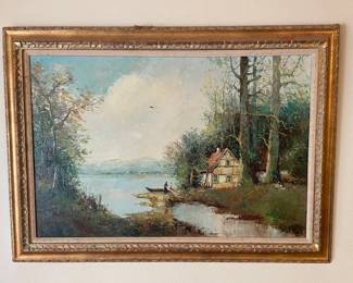 Gold Tone Framed Riverside Cottage Oil Painting Signed Cotitta
