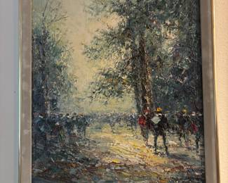 Framed Park Scene Oil Painting