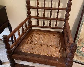 Anglo-Indian Influence Carved Wood Chair with Caned Seat