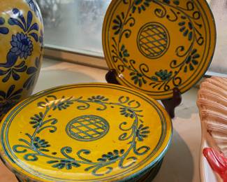 Mid Century Italian Hand Painted Yellow/Blue Bread & Butter Plates