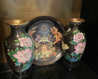 Pair of Matching Black Cloissone Vases with Floral Design, 