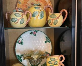 Fitz & Floyd Lemon Themed Tea Set with Salt & Pepper Shakers, Haladon Group Basket Weave & Strawberry Design Charger Plate, Green Carnival Glass Pedestal Candy Dish with Grape Design