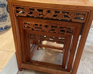 Set of 3 – Hand-Carved Asian Hardwood Nesting Tables with Floral & Bird Motif 