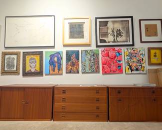 Midcentury Danish wall unit and variety of art