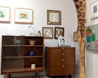 Danish modern furniture, artwork, and giraffe leg lamp