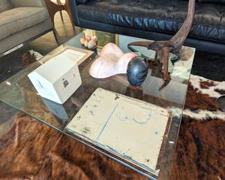 Various art pieces and coffee table