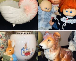 Vintage seashell planter, Beatrix Potter Peter Rabbit ceramic planter, Vintage Napcoware Collie Dog Planter, vintage cabbage Patch dolls 