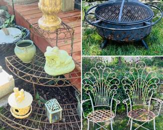 Outdoor fire pit, solid metal outdoor decorative chairs, metal three tiered plant stand 