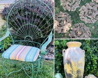 Decorative cast iron outdoor stepping stones, cement frog statue, large ceramic planter, decorative wrought iron outdoor chair  