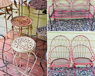 Variety of plant stands, decorative butterfly bench, two rod iron patio chairs 
