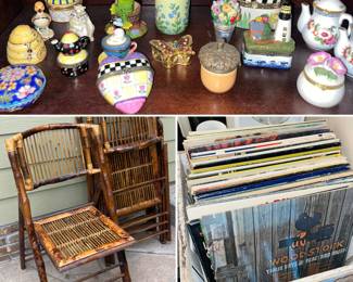 Trinket boxes, vintage bamboo, folding chairs