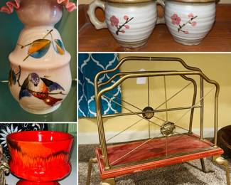 Fenton glass, vintage Japanese pottery tea cups, tea infuser, and covers, Hollywood Regency brass and wood magazine rack