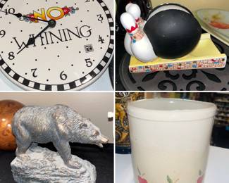 Robinson Ransbottom apple Crock, vintage Rubens Originals ceramic bowling pin and ball desktop caddy, vintage Mary Engelbreit “no whining” wall clock 